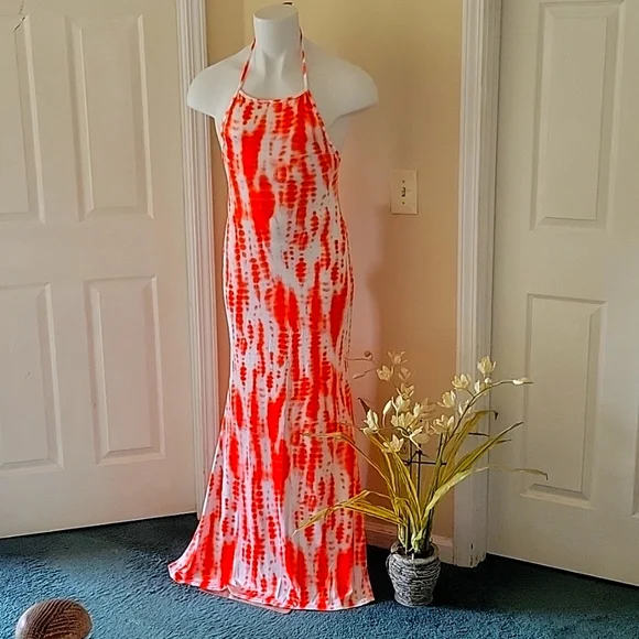 Orange and White Strappy Back Tie up Maxi Dress - Picture 1 of 4